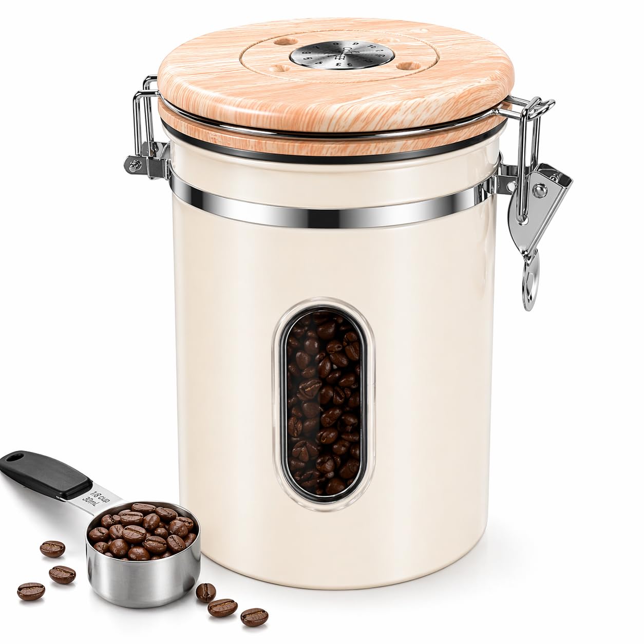 22oz Coffee Canister Airtight Stainless Steel Coffee Bean Storage Container with Date Tracker & Window, One-Way CO2 Valve, Metal Scoop, Kitchen Food Storage Jar for Coffee Beans Tea Sugar Rice