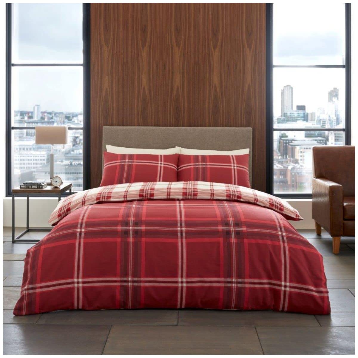 Gc Gaveno Cavailia Bardsley-Red Tartan Duvet Cover, Checkered Bedding Double Bed Set, Luxury Reversible Polycotton Quilt Cover, Red