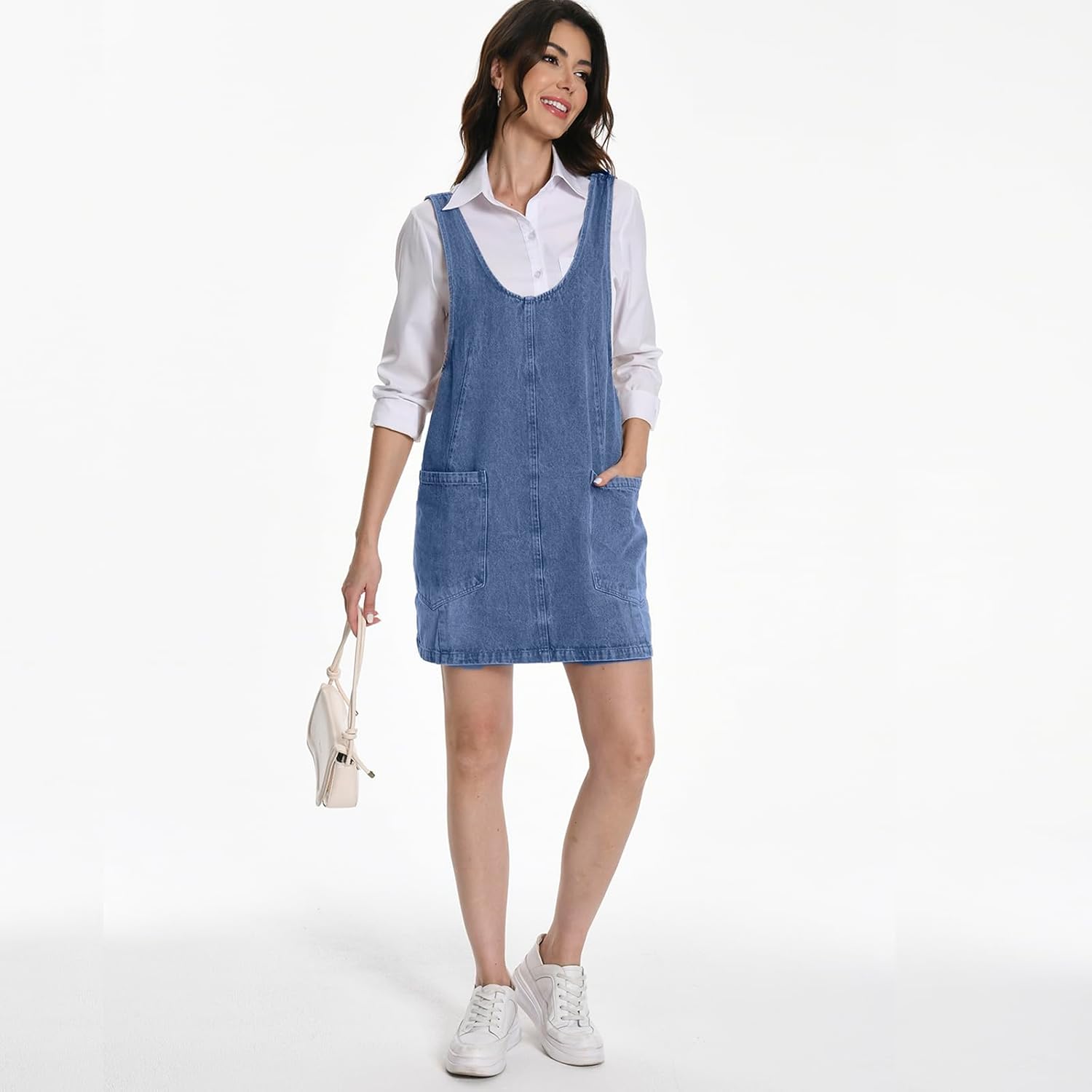 Mars Guard Denim Skirtall Dress for Women Jean High Roller Overalls Fashion Casual Sleeveless Mini Dress Jumper with Pockets - Image 6