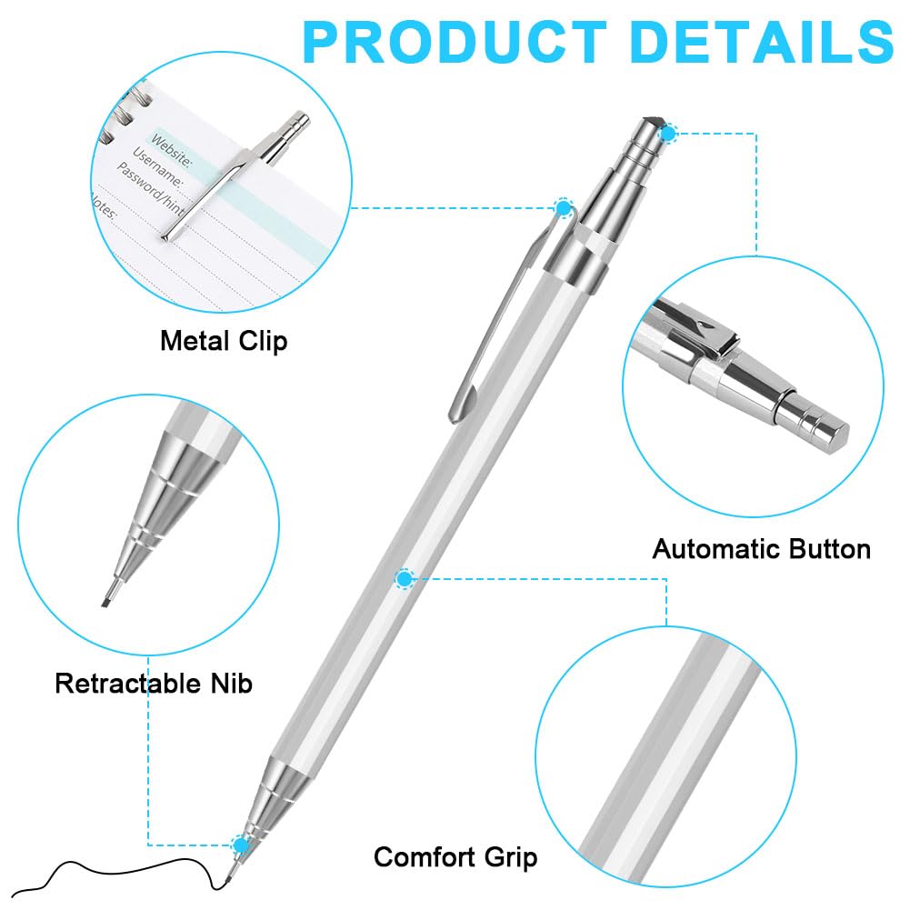 OFFCUP Set Matite Meccaniche 0.5mm Portamine in Metallo con 2 Tubo HB Mine per Disegno Scrittura Schizzi Argento