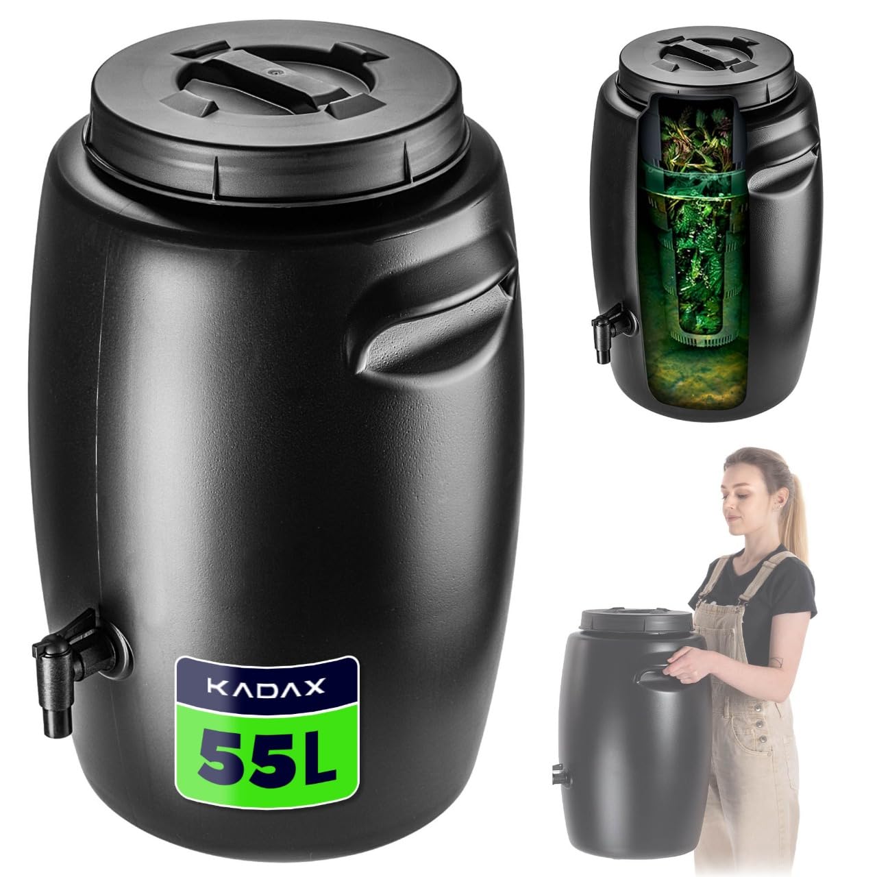 KADAX Beczka do nawozu organicznego 55 l, czarna, pojemny zbiornik do przygotowania gnojówki i przechowywania nawozów płynnych w ogrodzie