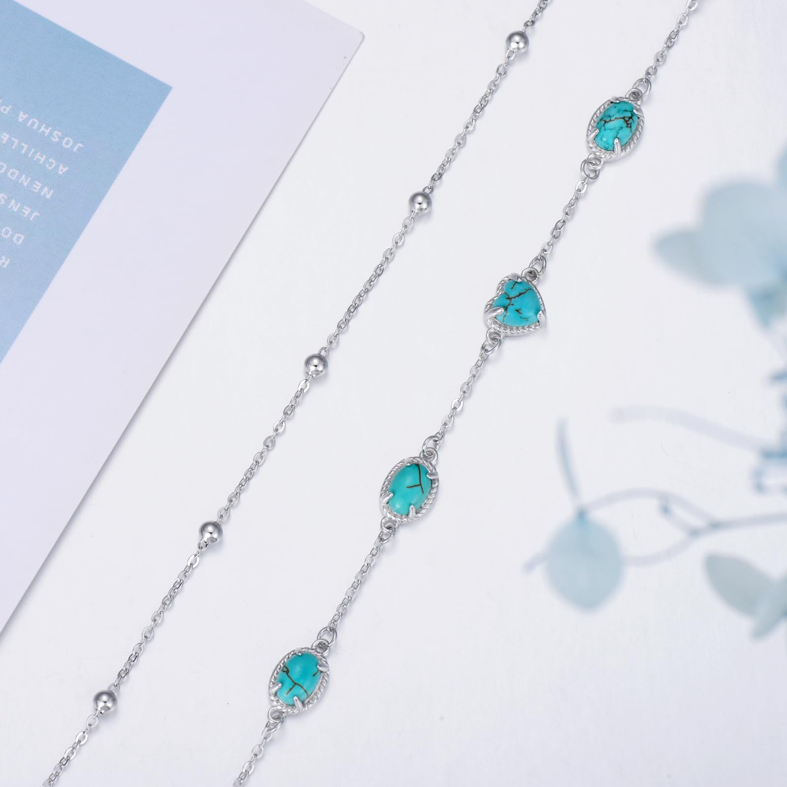 Cavigliera in turchese naturale, da donna, in argento Sterling 925, regolabile, multistrato, per la spiaggia e l'estate