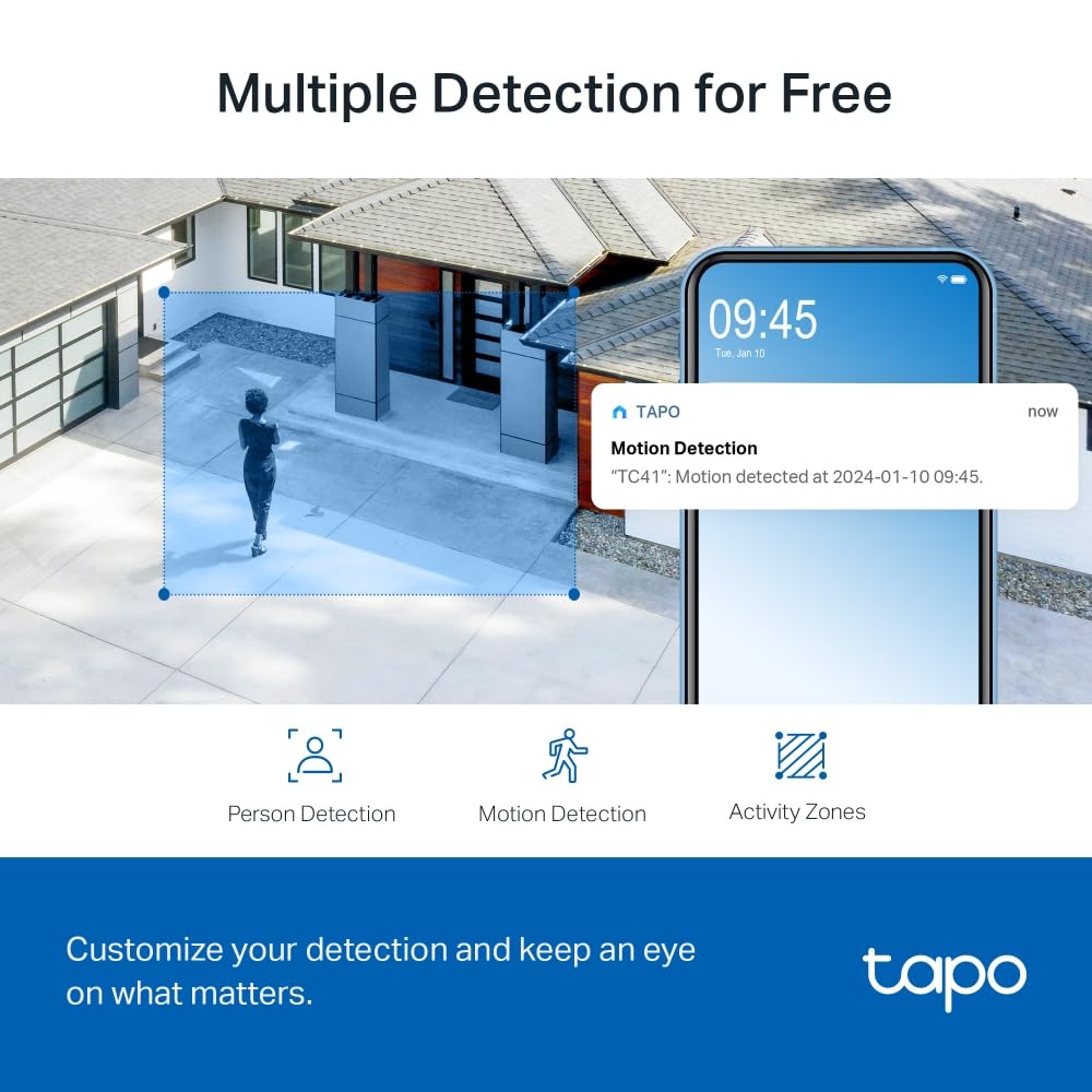 TP-Link Tapo 2K zewnętrzna kamera Wi-Fi, ochrona IP65, wykrywanie ruchu, pokrycie wizualne 360°, noktowizor, lokalne przechowywanie, współpracuje z Alexa i Google Home (Tapo TC41)