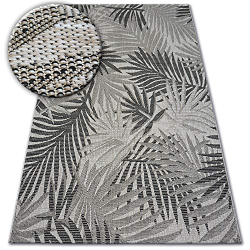 Tapis Sisal FLOORLUX Intérieur & Extérieur, Tissage À Plat, Haute qualité, pour Chambre, terrasse, Balcon, Feuilles Argent / Noir Jungle 80x150 cm