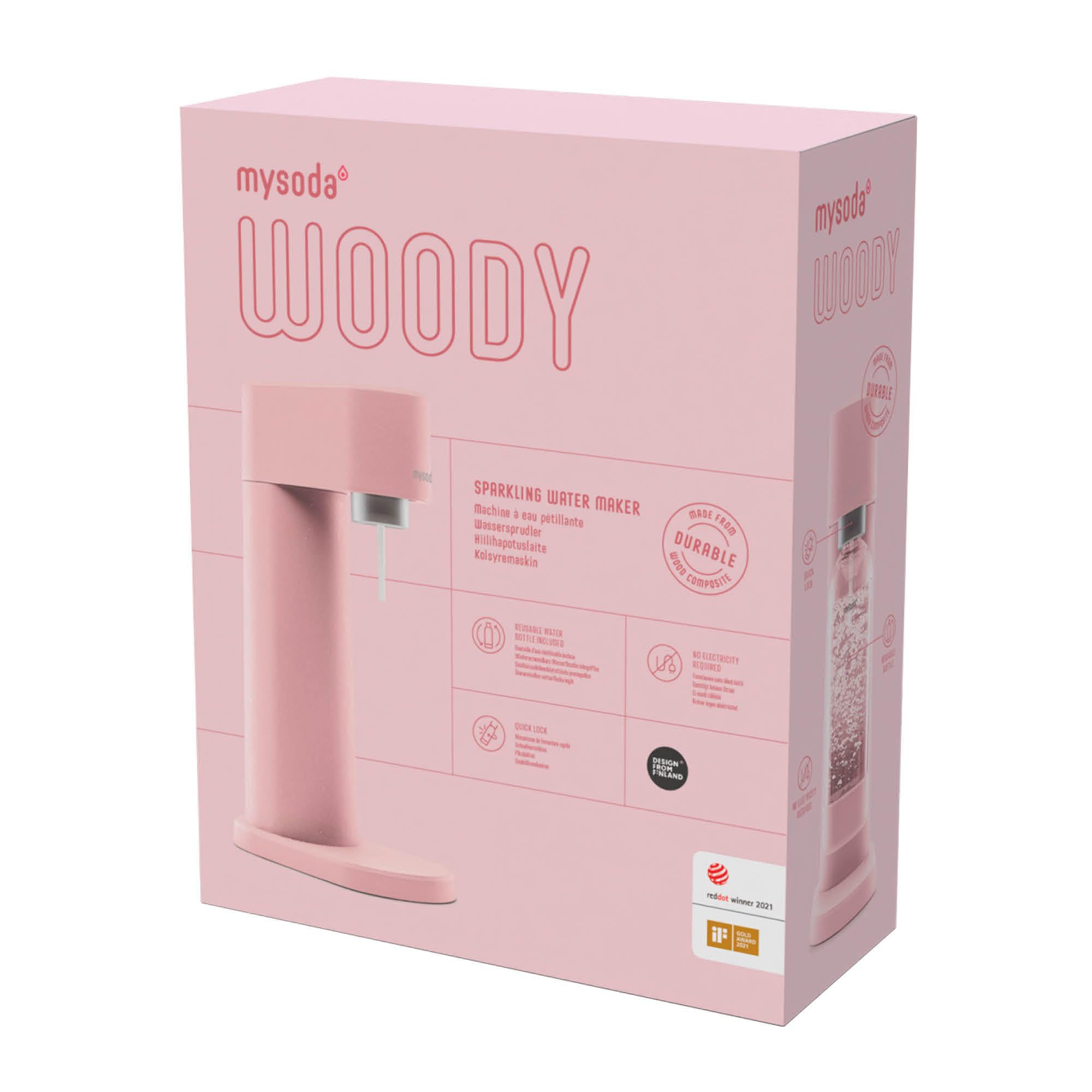 Mysoda: Woody zestaw saturatora z odnawialnego kompozytu drewnianego, z plastikową butelką Quick-Lock 1 l, bez BPA i cylindrem CO2, różowy