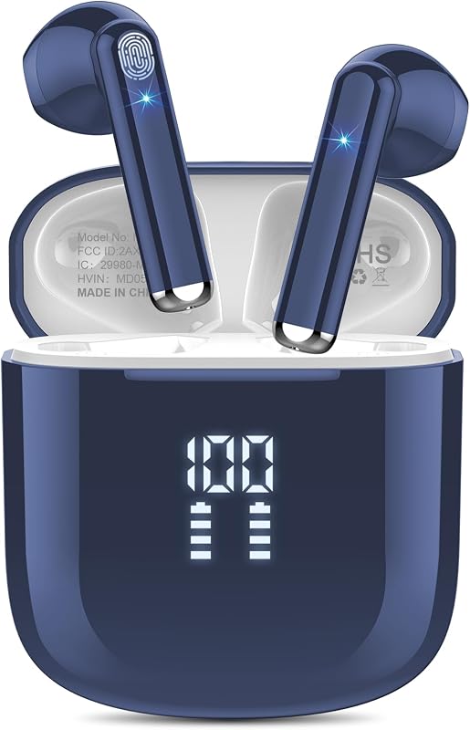 auriculares inalámbricos OYIB Bluetooth 5.3, auriculares Clear Call con micrófono ENC | Reducción de ruido de 4 micrófonos, tiempo de reproducción de 25 horas, control táctil, IPX7 a prueba de agua, auriculares Bluetooth ligeros para deportes, azul intenso