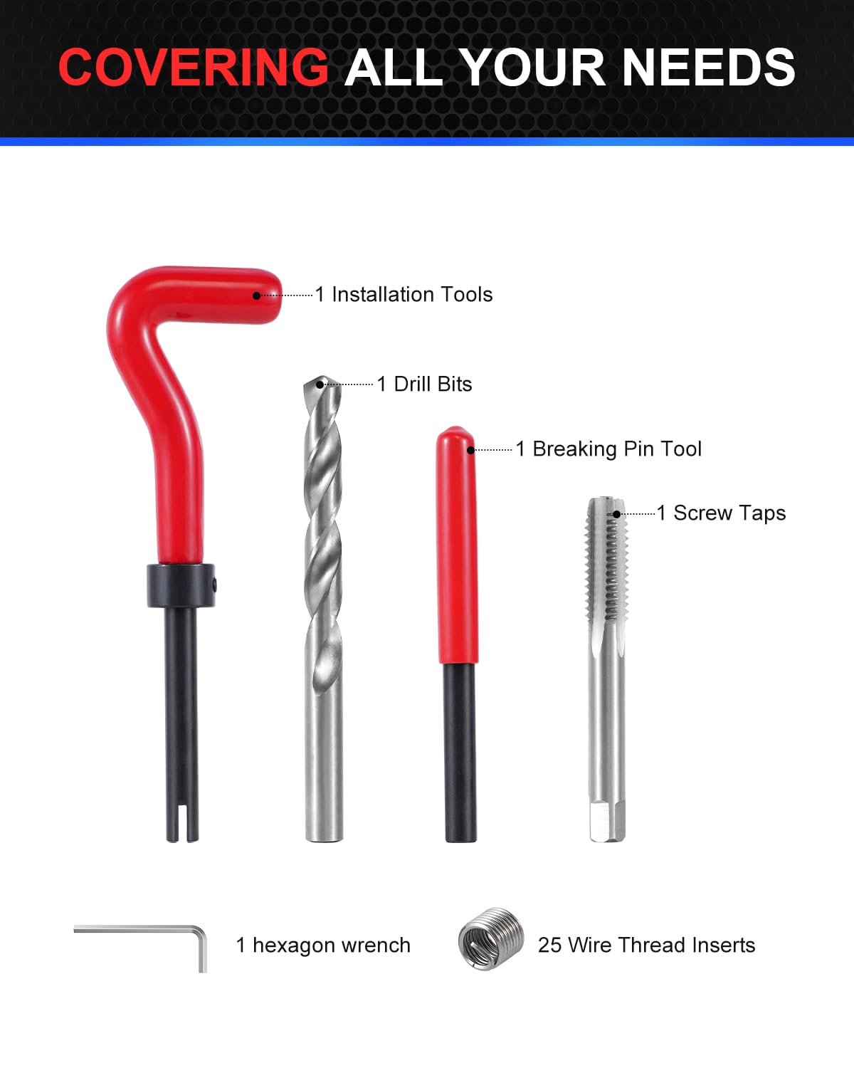 Kolvoii Kit di riparazione filettatura UNC3/8-16, kit di riparazione filettatura SAE Helicoil con punte da trapano HSS, inserti filettati, rubinetti, strumenti di installazione