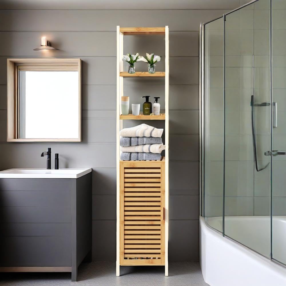 Estantería de bambú para baño con 3 compartimentos abiertos y armario, multifuncional, estantería de baño estrecha de pie con puerta, estantería de baño para pasillo, cocina, salón