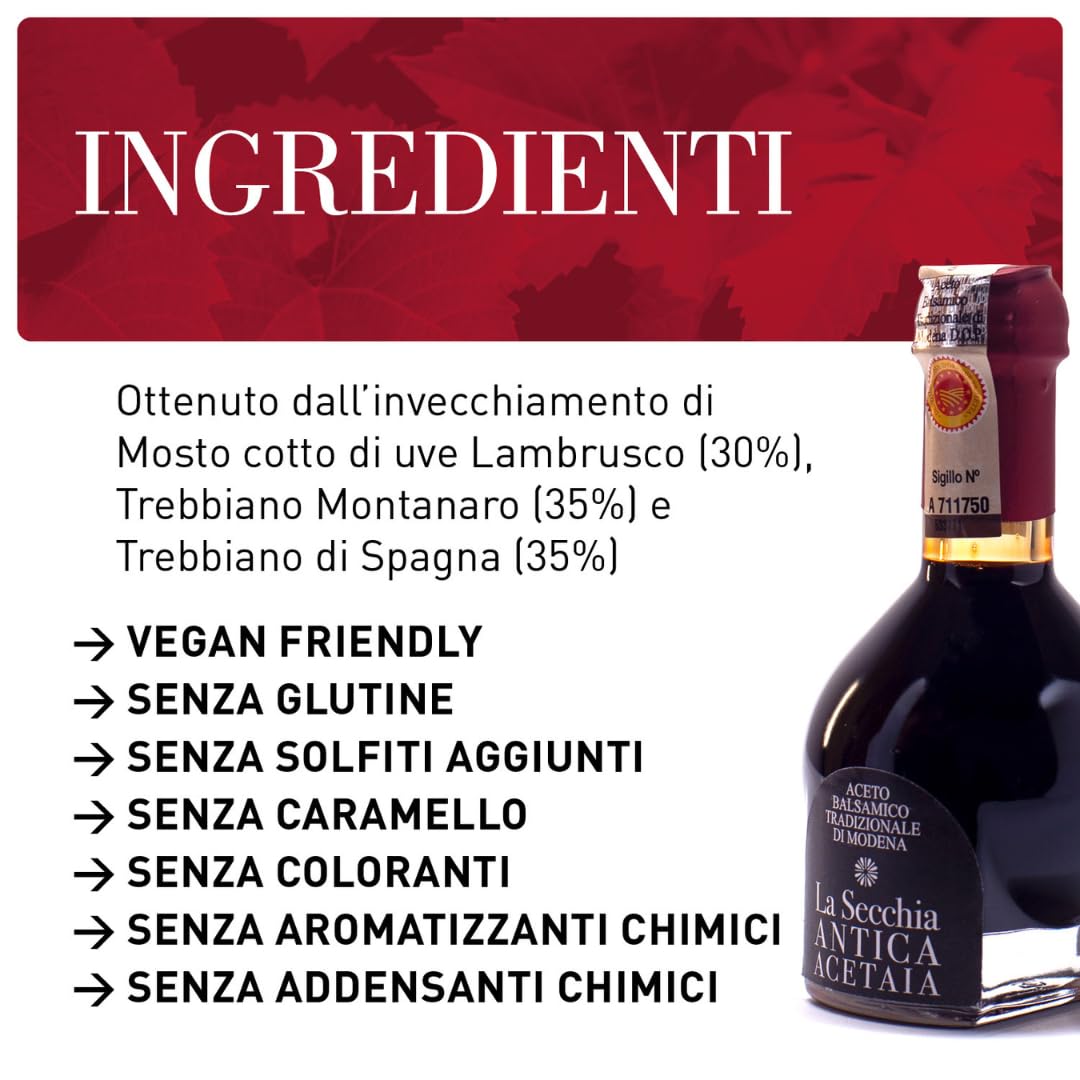 La Secchia - Aceto Balsamico Tradizionale di Modena DOP "Affinato", Invecchiato Almeno 12 Anni, Bottiglia 100 ml con Tappo Dosatore in Vetro Soffiato, Confezione Regalo