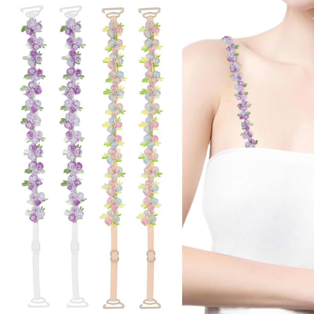 Bra Straps for Women Fancy Straps for Bra, 2 Pairs Embroidered Floral Bra Straps, 1.8cm Width Stretchy Adjustable Bra Strap Replacement for Off Shoulder Tops Dress Evening Dress