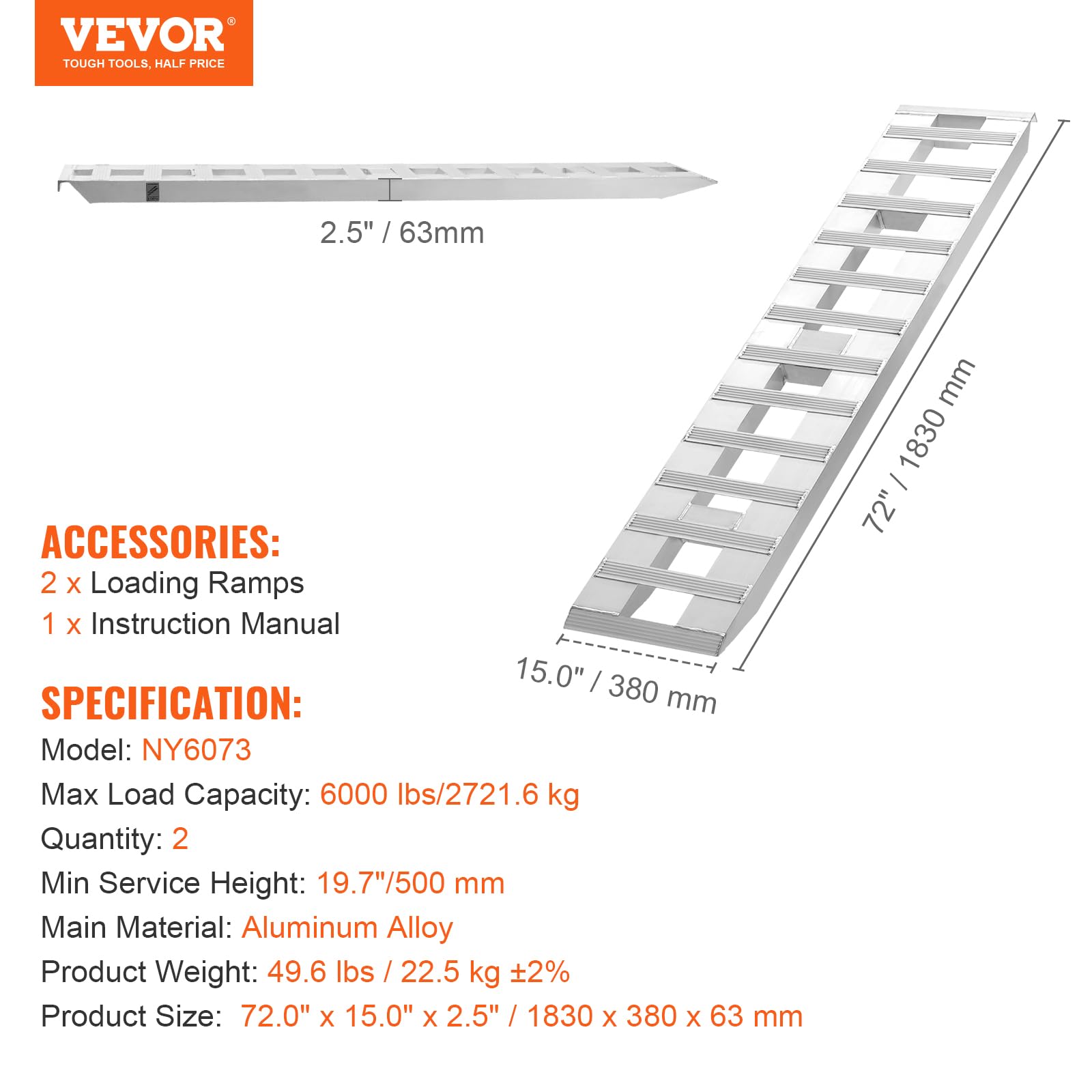 VEVOR Rampa de Carga de Aluminio 2 Piezas 183 x 38 cm Rampa de Acceso Capacidad de Carga de 2721,6 kg Ligera y Portátil para Motocicleta Todoterreno, Remolque, ATV, UTV, Tractor, Cortacésped