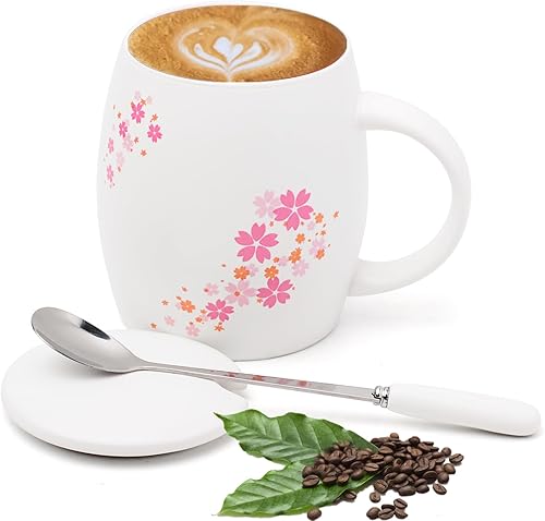 Cherry Blossoms - Taza de café de cerámica con tapa y cuchara, taza de té de porcelana elegante de 12 onzas, taza de desayuno, taza de San Valentín