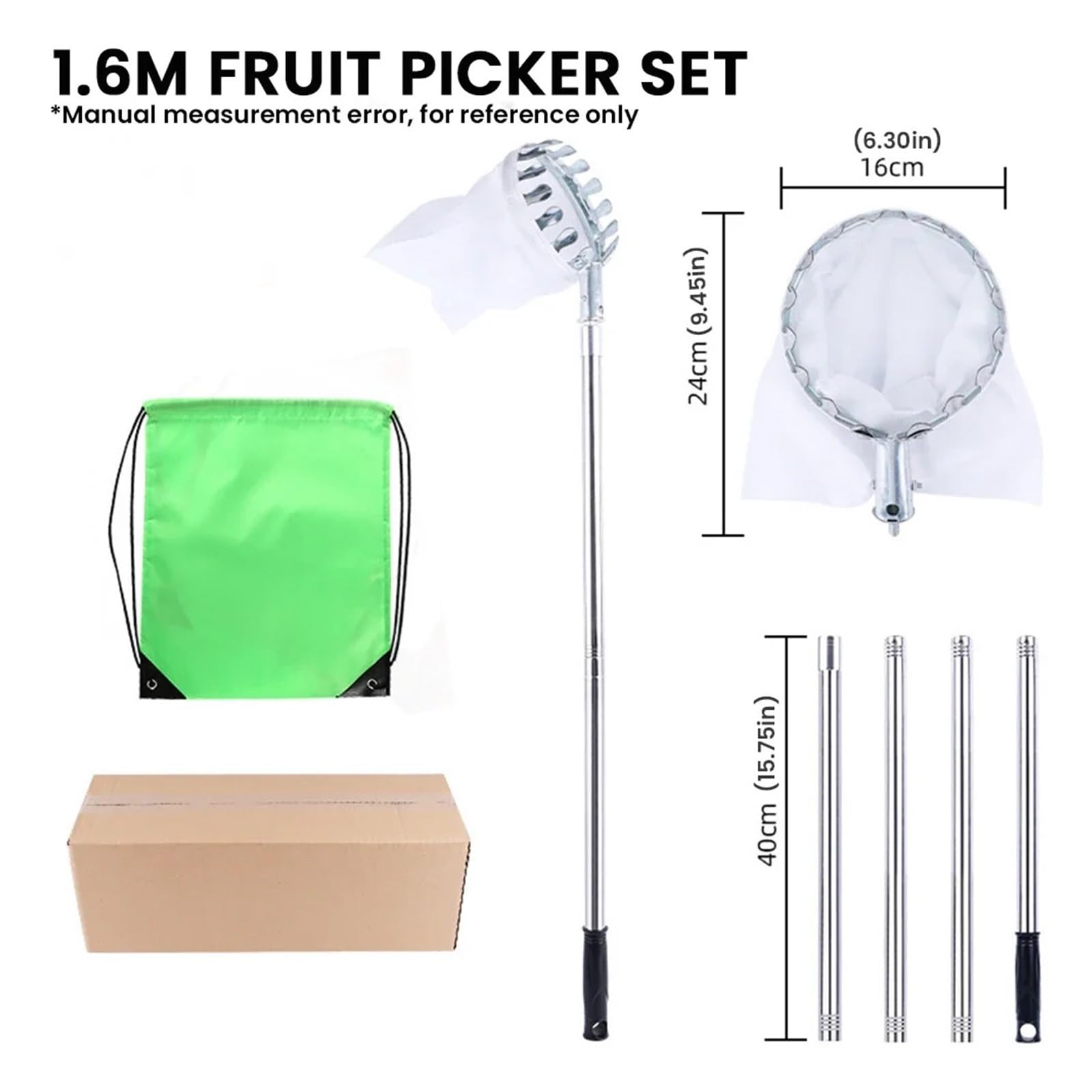 Raccoglitore di Frutta Giardino del frutteto con raccoglitrice di Frutta in Acciaio Inossidabile da 1,6-4 m | Strumento for la raccolta degli alberi alti, raccolta di raccoglitori di frutta(4M)