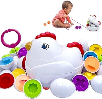Easter Matching Eggs Toddler Toy with Push & Pull Chicken Box, 12 Pcs Montessori Sorter Learning Educational Toy, Multiple Shapes and Colors Fine Motor Skills Sensory Toy, Gift for Boys Girls