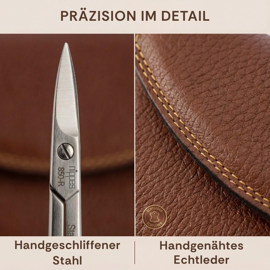 nippes Solingen Klasyczny zestaw do manicure klasy premium, 7-częściowy, etui na paznokcie z prawdziwej skóry bydlęcej, brązowy, stal nierdzewna niklowa i nierdzewna, zestaw do pielęgnacji paznokci, Made in Solingen/Germany