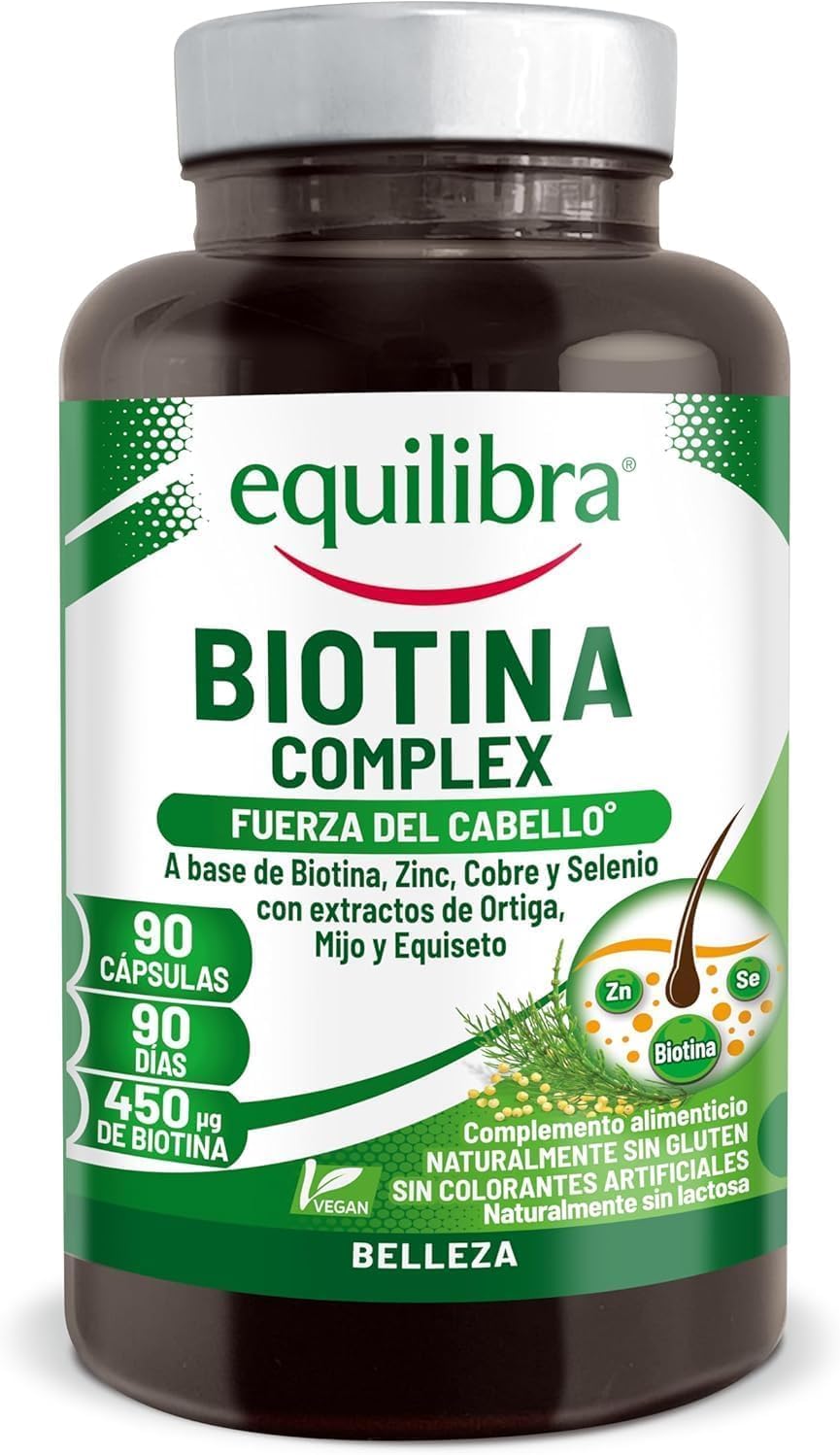 Equilibra, Biotina Complex, Bienestar del Cabello y las Uñas, Dosis Elevada de Biotina, Zinc, Cobre, Selenio, Extractos de Ortiga, Mijo y Equiseto, 90 Cápsulas