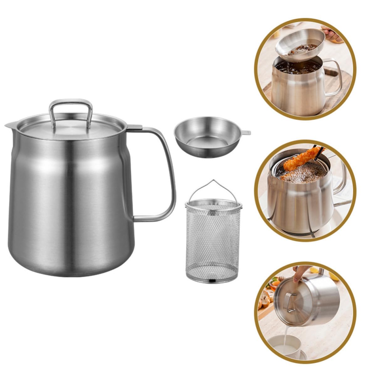 SHINEOFI Jarra de Aceite de Acero Inoxidable de 2l Filtro y Cesta para Freidora, Contenedor de Grasa para Cocina Familiar y Restaurante, Resistente y Fácil de Limpiar