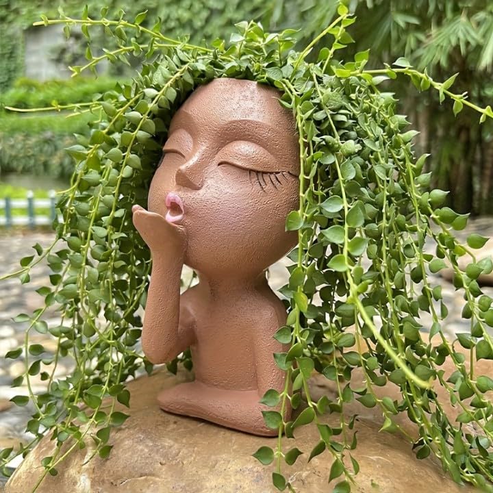 Image of Face Planter Pot with Drainage Hole 6 inch Resin Head Flower Pot | Cute Closed Eyes Lady Design Planter for Garden Home or Office | No Plants or Floral Included (Brown)