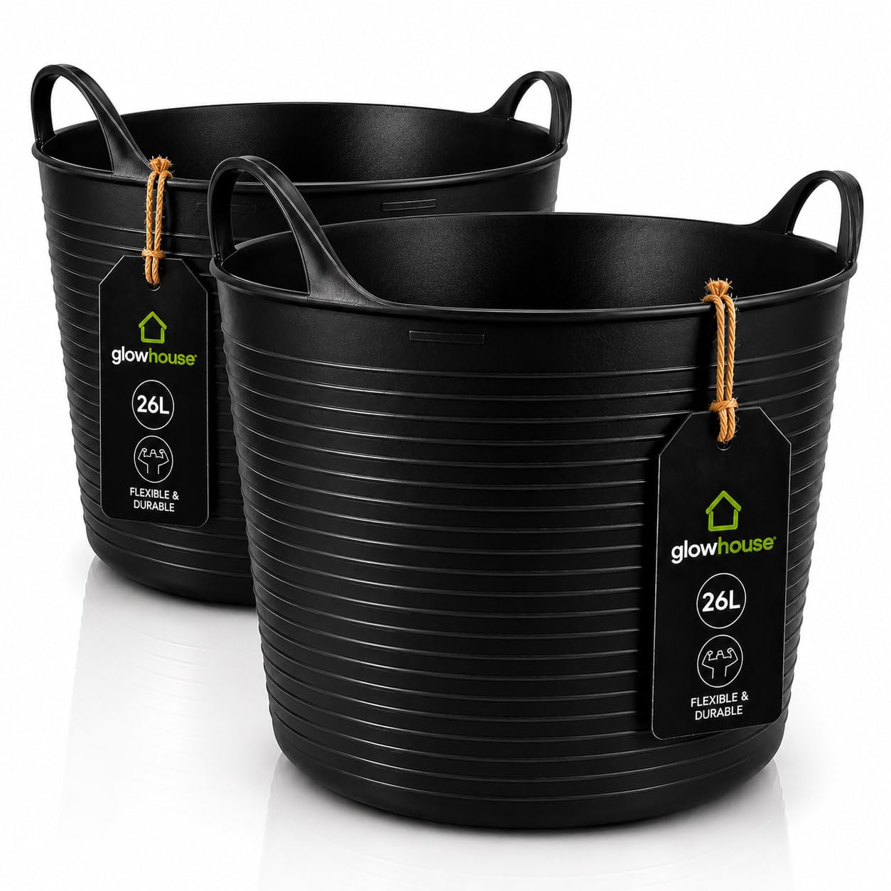 Flexi Buckets Heavy Duty Flexible Tub Trug Strong Multi-Purpose Garden, Stable, Feed, Cleaning & Storage Bucket Durable Carry Handles for Home, Garden, DIY & Outdoor Use (Black, 26 Litres Pack of 2)