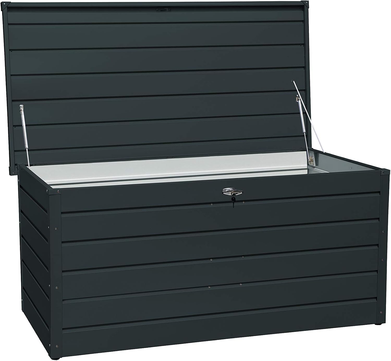 Duramax Palladium Kissenbox aus Metall XL (1043 L) mit hydraulischer Gasdruckfeder und abschließbarem Griff mit Schlüssel, Terrassenbox und Gartenmöbelaufbewahrung, Anthrazit