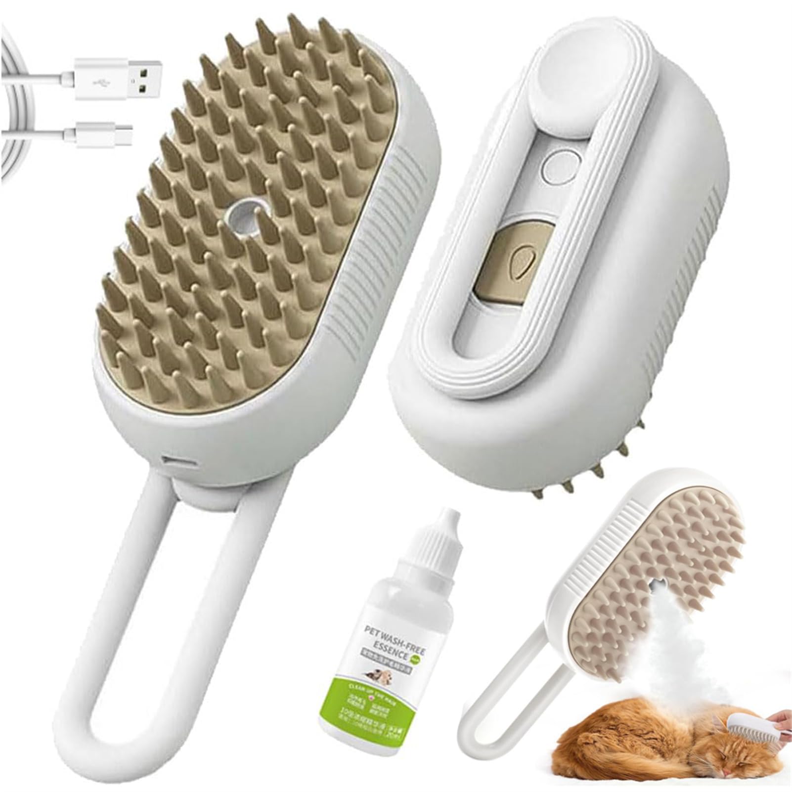 Katzen-Dampfbürste, Kamm für Katzen, 3-in-1-Dampfbürste für Katzen, Hunde, Haarausfall, Katzenpflegebürste, Haustier-Spray, Massage, Nebelbürste für Hunde, Katzen, langes und kurzes Haar (weiß)