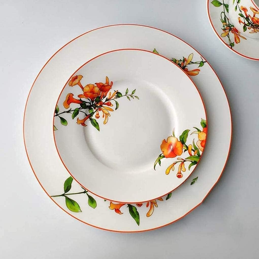 Elegante Speiseteller, Geschirr, Teller, Schüssel-Set, Keramik-Geschirr-Set mit 6 Teilen, Blumenmuster, Teller, Schüssel, Kaffeetasse und Untertasse, Service für 1
