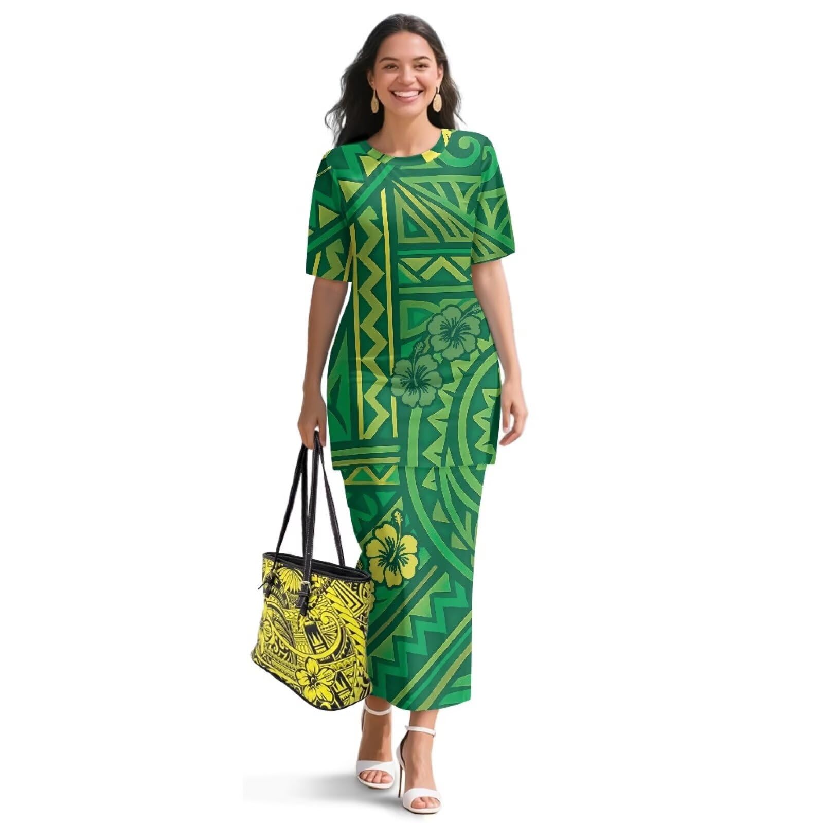 Puletasi Polynesian Tribal Island Short Sleeve Dress Samoan Puletasi Casual Dresses Two Piece Skirts Set for Women