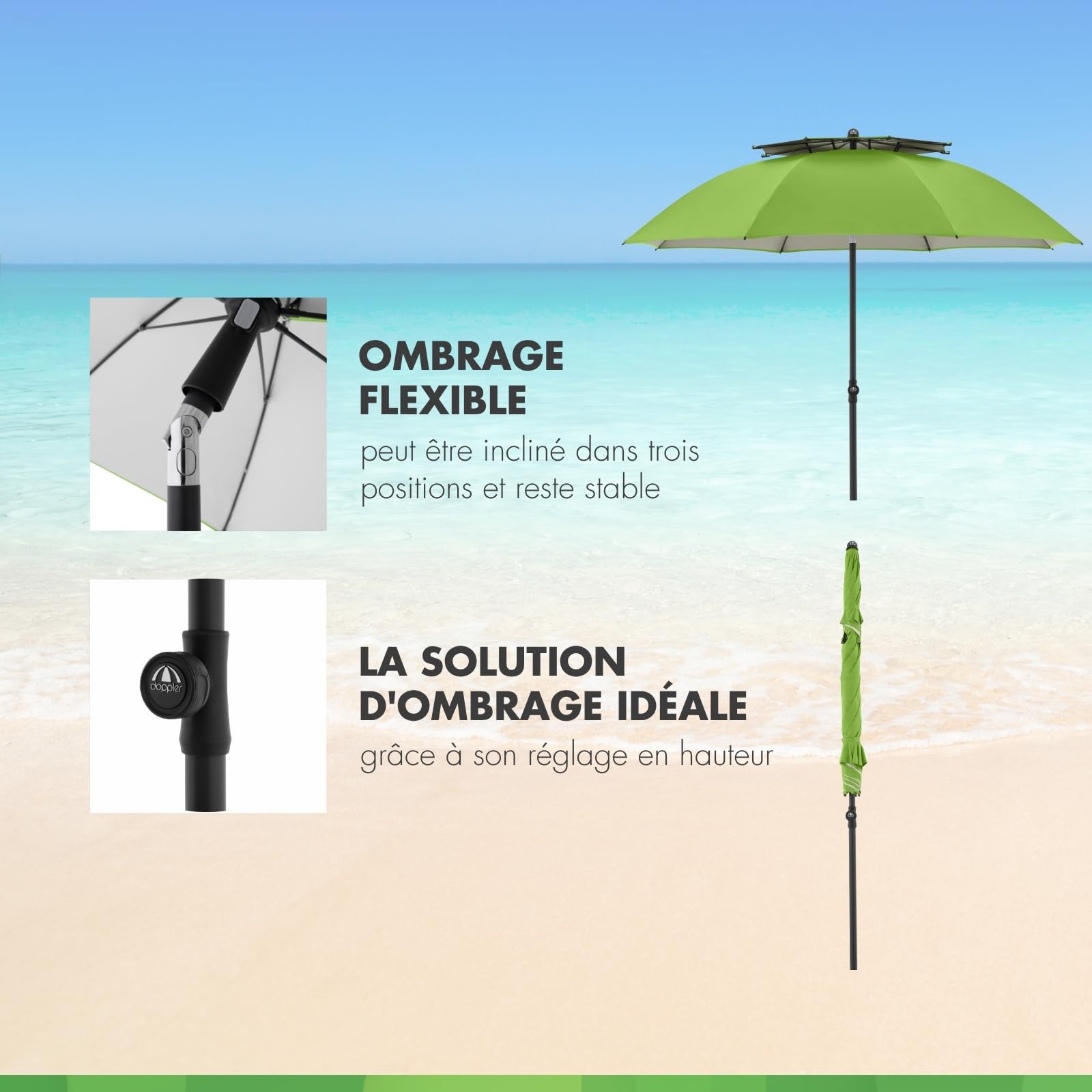 derby Parasol 200 cm I Parasol pour plage, balcon et terrasse I Parasol réglable en hauteur I Avec protection UV I Parasol pliable I Pour plage et piscine extérieure I Parasol de plage