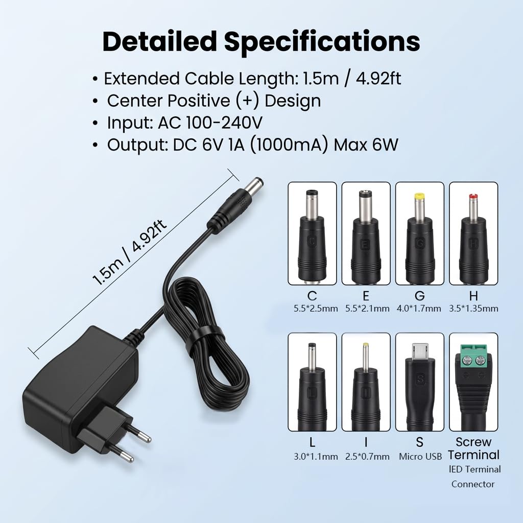 Adattatore di alimentazione DC da 6 V, 1 A, 6 V, 1000 mA. Adattatore di alimentazione AC 100-240 V a DC, adattatore di alimentazione 5,5 x 2,1 mm, caricatore universale per router, fotocamera