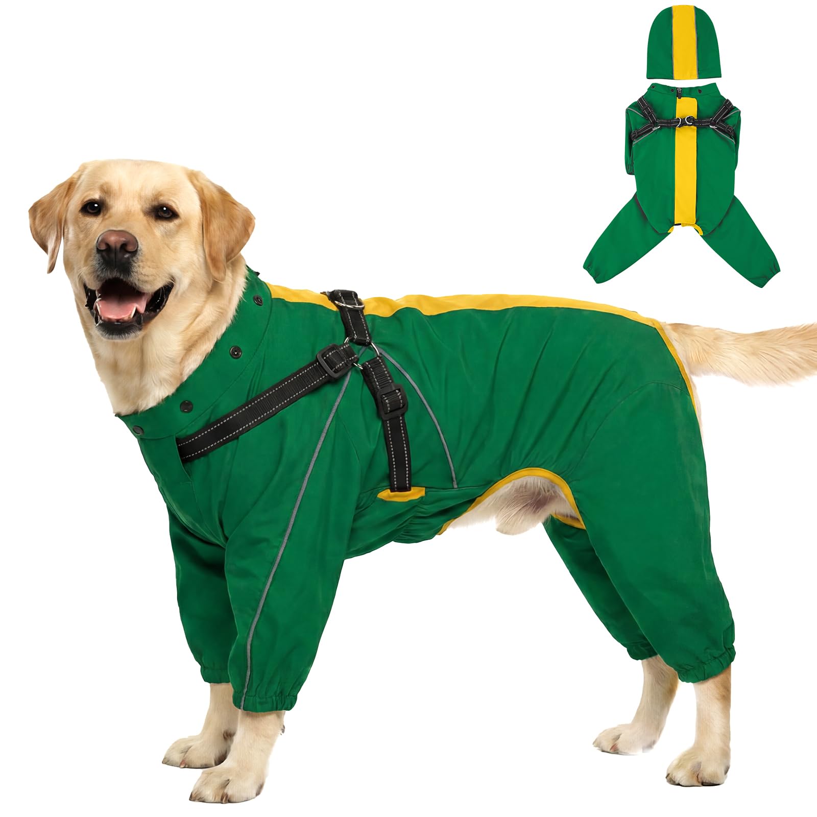 Lelepet Dog Waterproof Jacket, Raincoat for Large Dogs, Reflective Windproof Dog Coat with Harness Built-In, Lightweight Pet Rain Jacket Safety Snow-proof Vest, Green 3XL