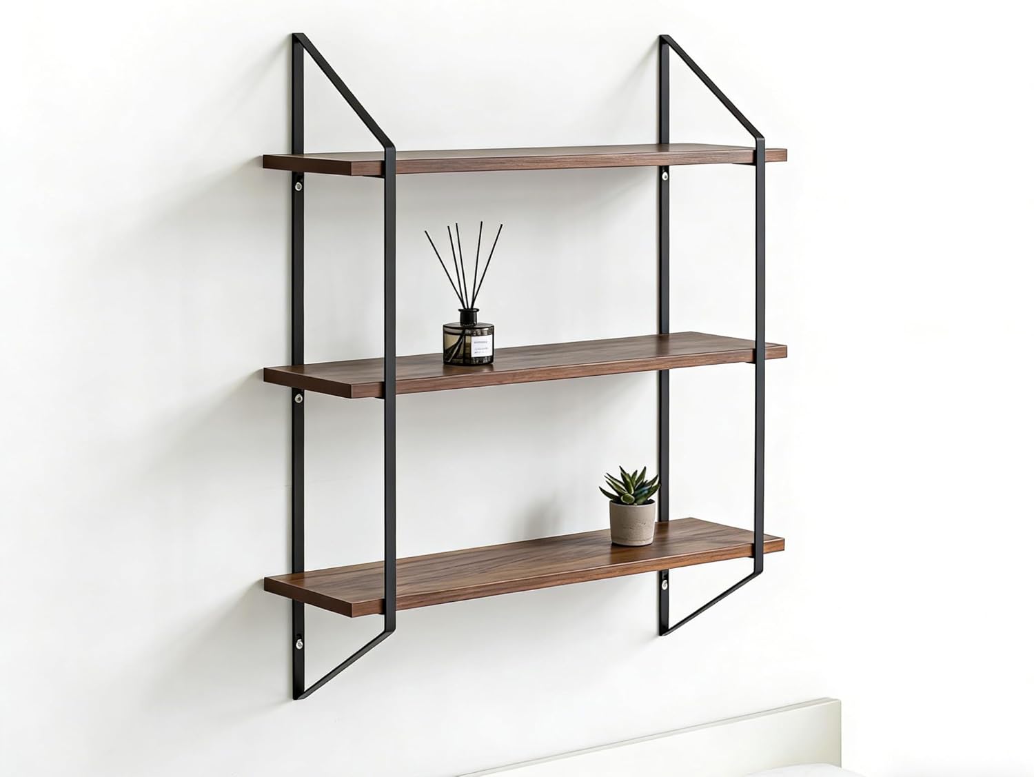 3-Tier 20" W Walnut Board Black Metal Bracket, 20 Inches in Length, 5 Inches in Width, and 23 Inches Modern Wall Shelf for Bathroom Bedroom Living Room Garden