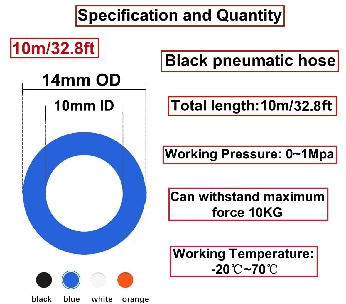 HUAZIZ Tubo pneumatico in poliuretano nero, 10 m, tubo flessibile per aria compressa, esterno 14 mm x interno 10 mm + 1 tagliatubi blu + 1 nastro in teflon rosa