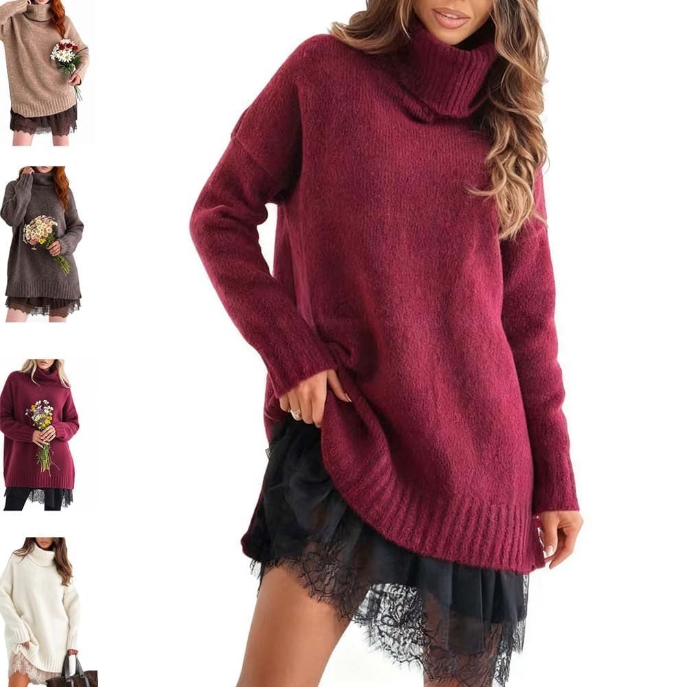 Damska sukienka swetrowa z koronkowym wykończeniem, golf, sweter, mini sukienka, zestaw, elegancka jesienna dzianina, pulower, topy dla kobiet, golf, sweter sukienka damska