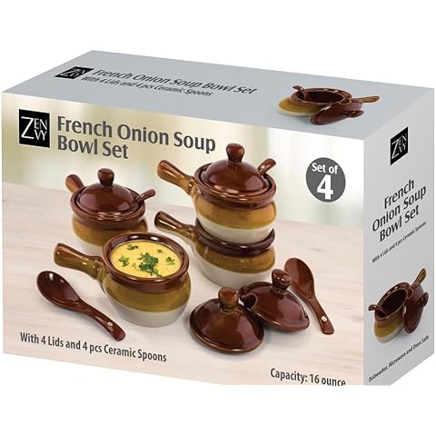 ZENVY French Onion Soup Bowl Set of 4 | Ceramic Soup Bowls, Lids, and Spoons | 16 Ounce Cover