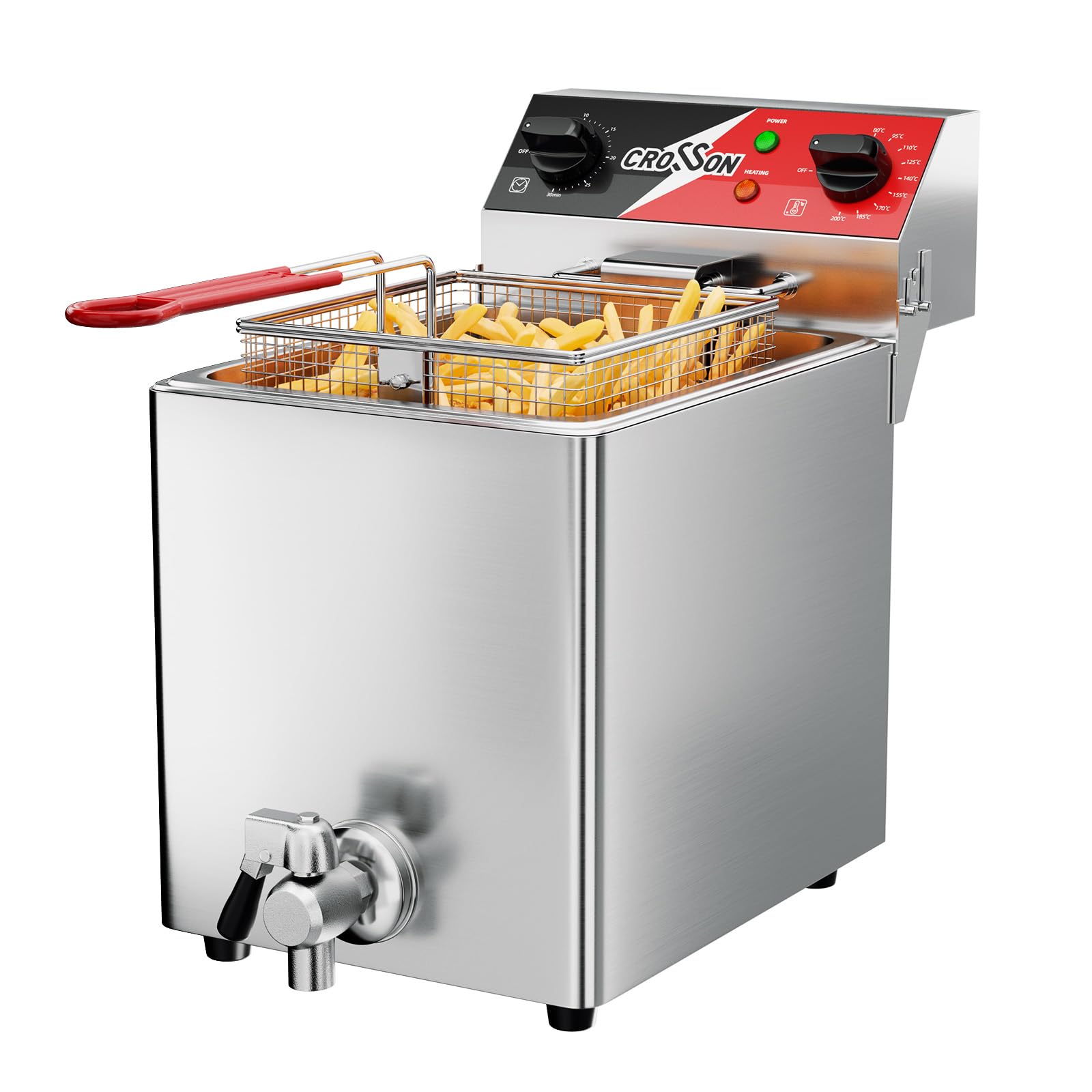 CROSSON Commercial Deep Fat Fryers 8L with Drain Tap,Stainless Steel Electric Countertop Deep Fryer with 30 Minitues Timer,Adjustable Temperature 80-200℃,Removable Oil Tank,230V/2900W