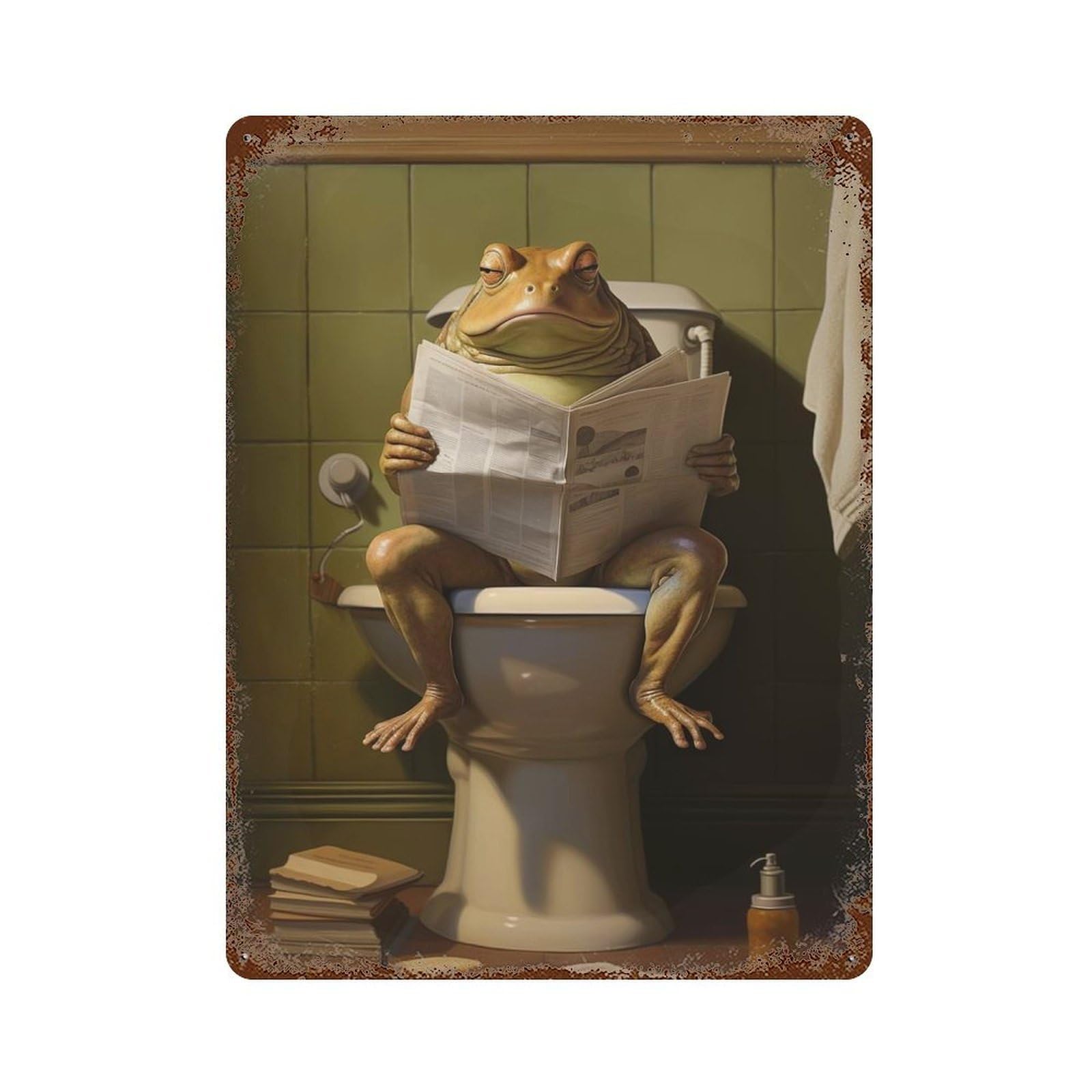 Frog on Toilet Newspaper Distressed Metal Wall Sign 15.7"x11.8", Ideal for Garage, Bar And Workshop Decor