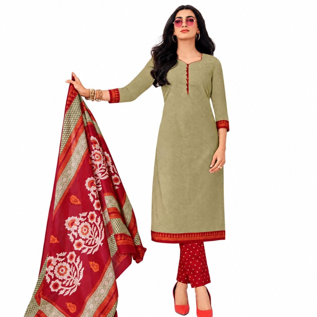 Women's Unstitched Salwar Suit Set, Olive Green with Red Printed Dupatta-image-43