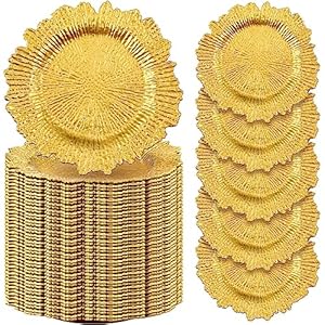Uiifan 150 Pcs Charger Plates Bulk 13 Inch Plastic Reef Plate Chargers Matte Ruffled Rim Chargers for Dinner Plates Round Decorative Plates for Wedding Party Holiday Event Supplies(Gold)