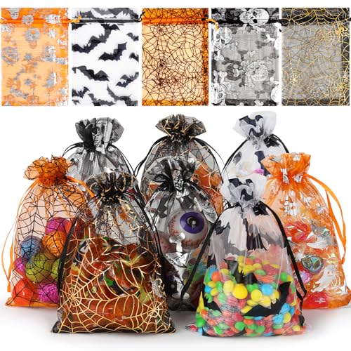 JOINDO 100 pcs Halloween Treat Bags, 4 x 6 inches fit Candy, Drawstring Design Easy Use, 5 Patterns
