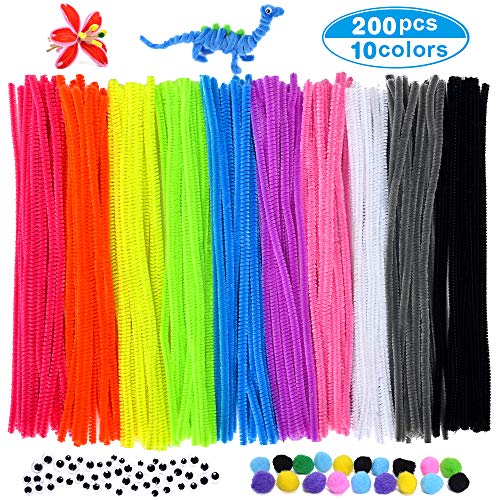 VICOVI 200 PCS Pipe Cleaners Craft in 10 Colors Chenille Stems with 20 Pom Poms & 60 Wiggle Eyes for DIY Art Creative Crafts Decorations School Projects (6 mm x 12 Inch) Fun DIY Art
