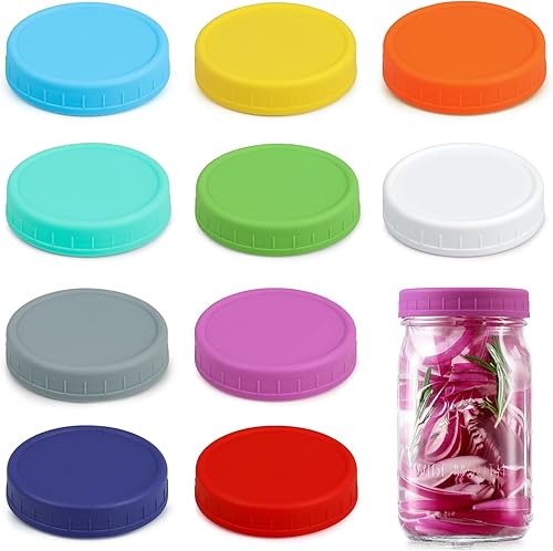 Miniatura 8 de Paquete de 10 tapas de plástico de boca ancha para tarros de masón, para bolas, Kerr y más, tapas de almacenamiento multicolor para tarros Mason y