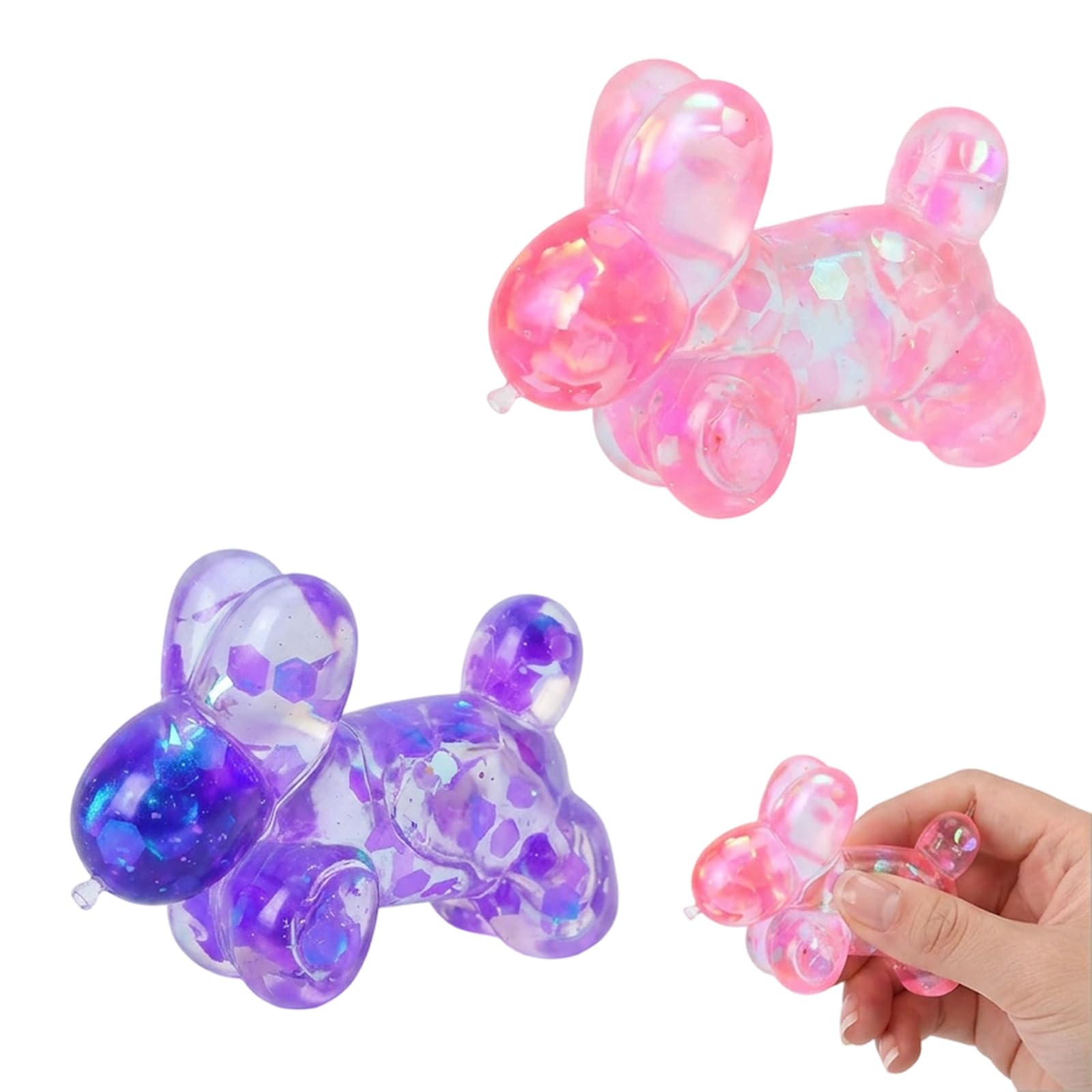 2 PCS Balloon Dog Squishy, Glitter with Slow Rising Rebound, for Desk Decoration and Focus Enhancement, Pink and Purple Set of Two