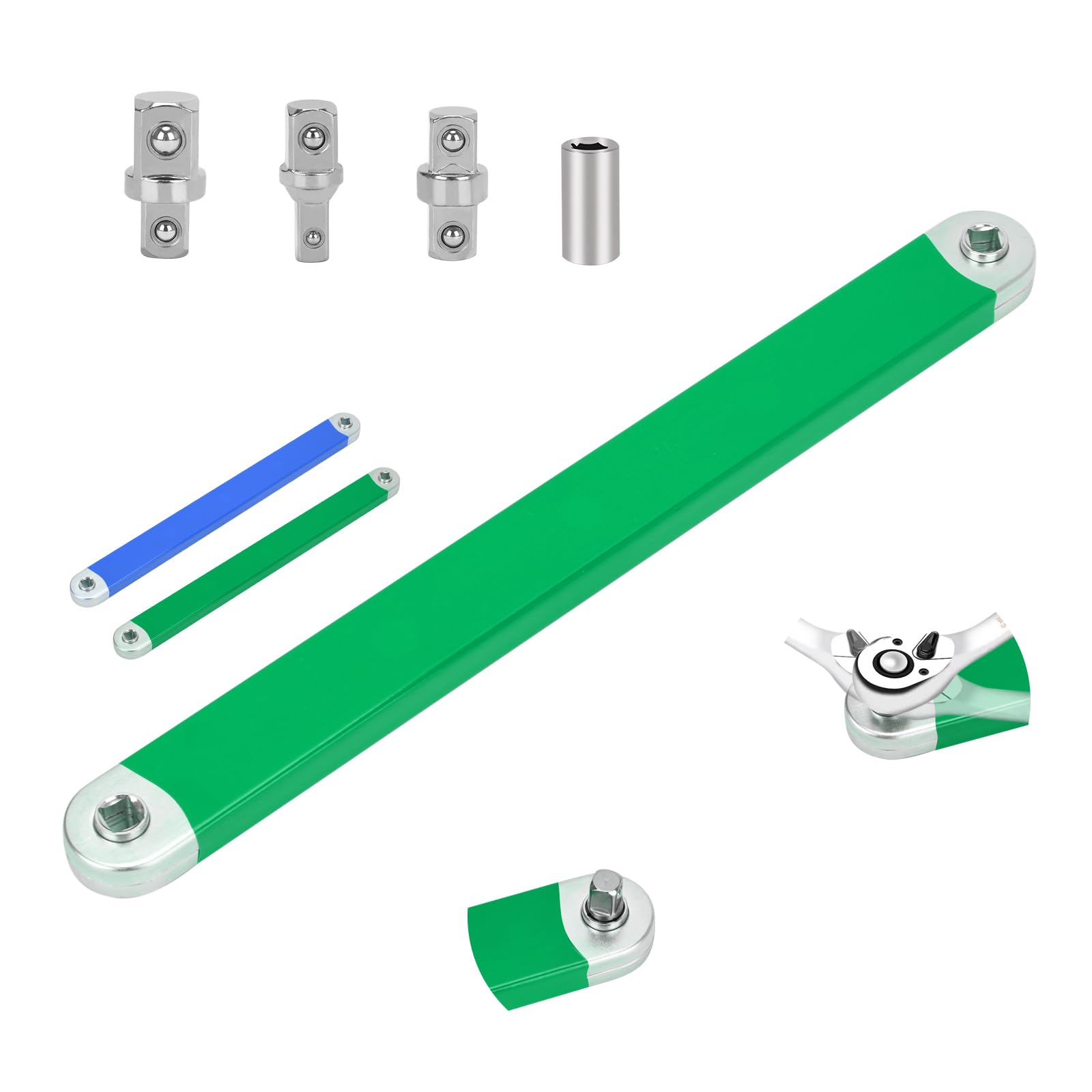 YGFRSTO Offset Extension Wrench Set, 15-Inch Impact-Ready Tool with 1/4", 3/8", and 1/2" Square Drive Adapters Plus 1/4'' Drive Socket, Zero Degree