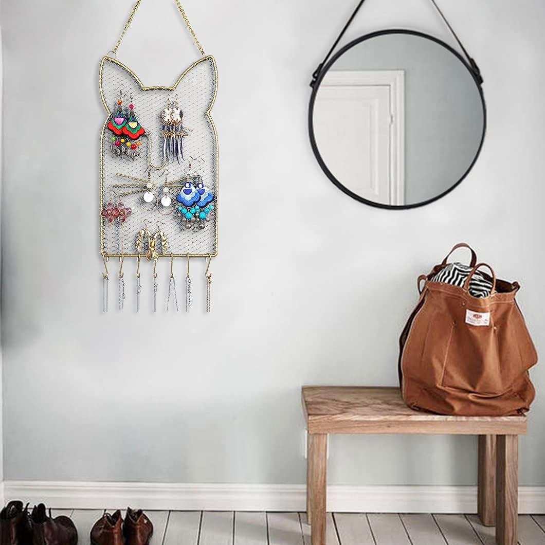 Rolin Roly Earring Wall Organizer Wall Jewelry Rack Hanging Earring Holder with 8 Hooks Cat-Shaped for Display Grid Golden Bracelet Necklace Ring