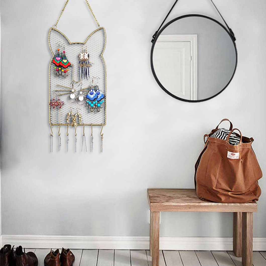 Rolin Roly Hanging Jewelry Organizer Star Wall Mounted Earring Display Hanger Cabinet Storage Rack with 7Hooks Metal Gold Mesh Chains Bracelets Holder for Girl Women 25x30cm