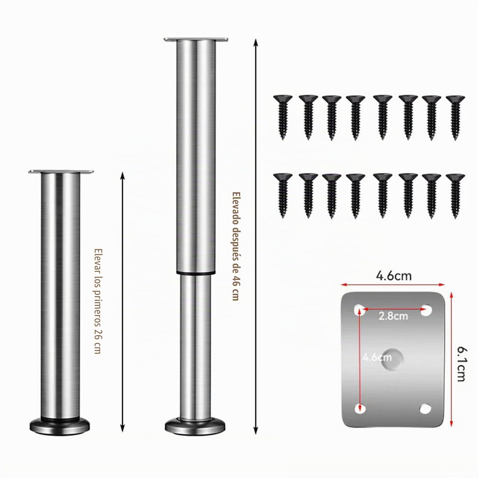 4 patas para muebles de acero inoxidable, patas de mesa ajustables de metal, 25-40 cm (38 mm de diámetro), patas de cama para muebles, sofás, patas ajustables de altura, patas de armario, patas