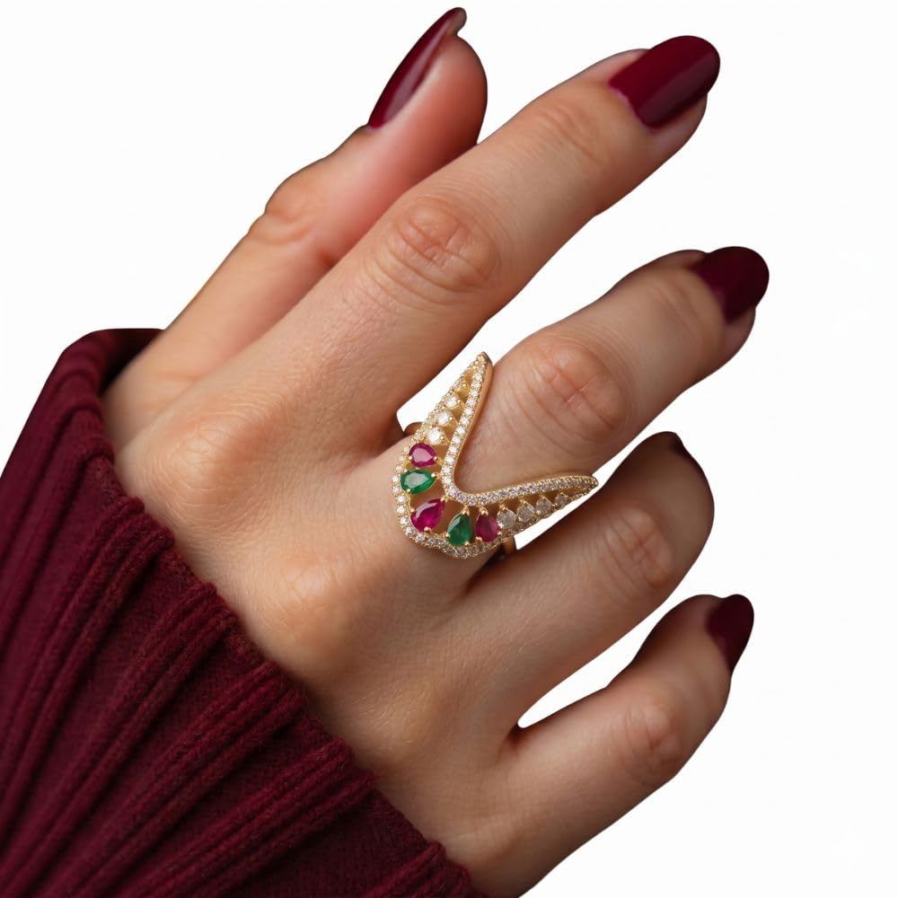 Gold Plated Multicolor CZ Vanki Ring for Women & Girls | Traditional South Indian Nagam Ring | American Diamond Finger Ring | Bridal, Wedding & Festive Jewellery-image-1