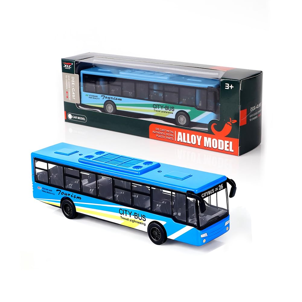 1:64 Toy B-u-s,B-u-s Toy Car Model,Ve-hicl-es Mini Model,Simulated Force Control B-u-s Ve-hi-cl-es,Ve-hi-cl-es Mo-del Metal body, rubber tires, Music for Children Kids Back City Bus Kids Gifts (Blue)