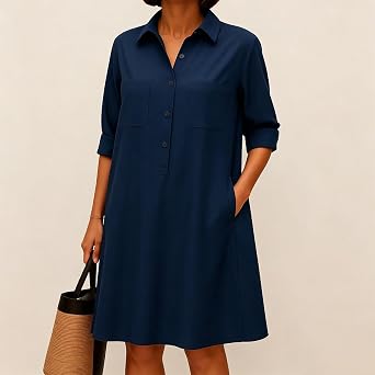 Oplxuo Women's Collared Half Button Shirt Dress Long Sleeve Casual Loose Fit Elegant Office Tunic Dress with Multiple Pockets