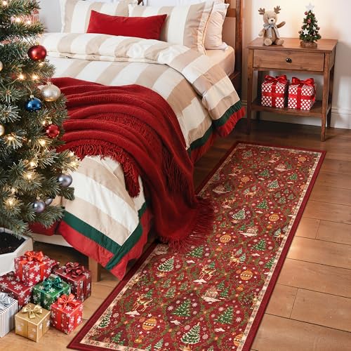 Madane Christmas Hallway Runner Rug - 2x5 Washable Red Runner Rugs Non-Slip Low-Pile Kitchen Xmas Holiday Decor Laundry Room Rug Throw Carpet for Entrance Bedroom Living Room